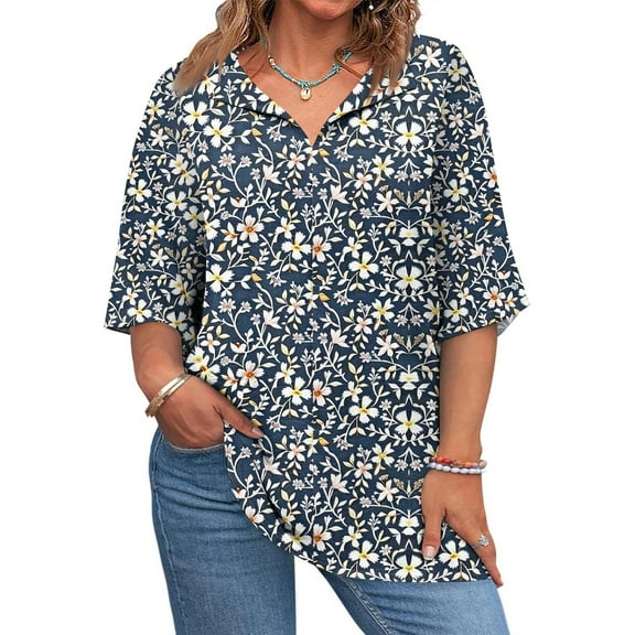 Mlqidk Womens Plus Size Summer Tops 4x-5x Sexy V Neck Shirts Floral Graphic T-Shirt 3/4 Sleeve Tunics Shirts Loose Casual Tunic Tops Blue L