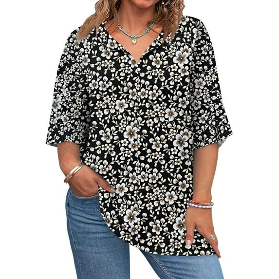 Mlqidk Womens Plus Size Summer Tops Clearance Plus Size Womens Tunics Womens V Neck Tunic 3/4 Sleeve Tops Floral Print Dressy Casual Tunics Women Loose Fit Clothes Black XL