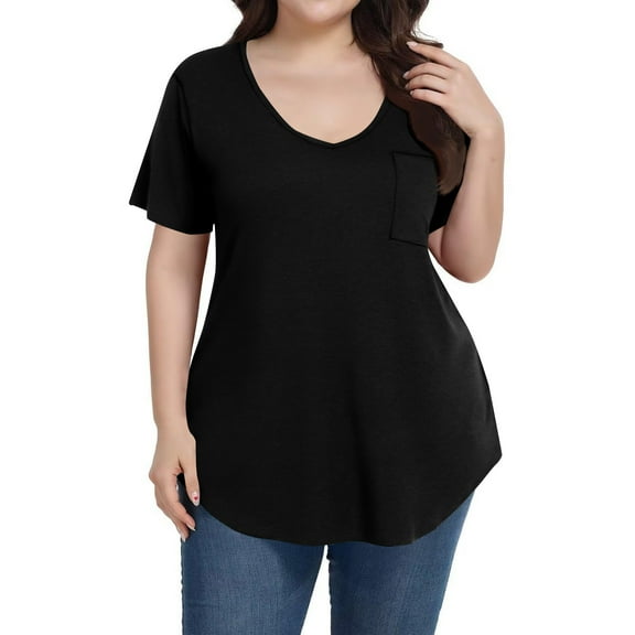 Mlqidk Womens Plus Size Summer Tops Cute Plus Spring Tops Crew Neck Plus Size Tunics Short Sleeve Solid Color Dressy Casual Tee Shirts Plus Size Womens Clothes Black 4XL