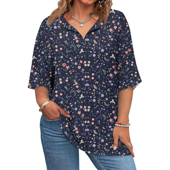 Mlqidk Womens Plus Size Summer Tops Dressy Summer V Neck Tshirts Floral Print T-Shirt 3/4 Sleeve Tunic Tops Loose Casual Summer Clothes Dark Blue 3XL