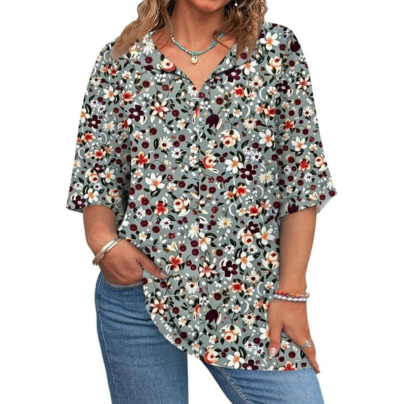 Mlqidk Womens Plus Size Tops 3/4 Sleeve Summer Tees Floral Graphic T-Shirt V Neck Shirt Dressy Casual Trendy Tunics Gray 2XL