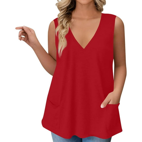 Mlqidk Womens Plus Size Tops 4x-5x Ladies Blouses Size 4x Deep V Neck Sleeveless T Tank Shirts Curvy Women Print Dressy Casual Blouses 5x Women Plus Size Clothing Red XL