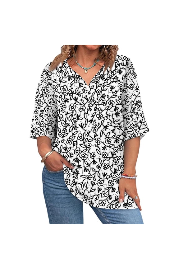 Mlqidk Womens Plus Size Tops 4x-5x Sexy 3/4 Sleeve Tunic Tops Floral Graphic Tees V Neck Tunic Shirts Loose Fit Casual Tunic Tops Light Gray 2XL