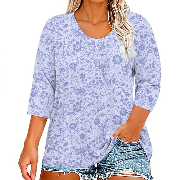Mlqidk Womens Plus Size Tops Clearance Tunic Tops for Women Plus Size Button Henley Shirts Womens Tops 3/4 Sleeve Floral Print Dressy Casual Tshirt Loose Fit Summer Outfits Light Purple XL