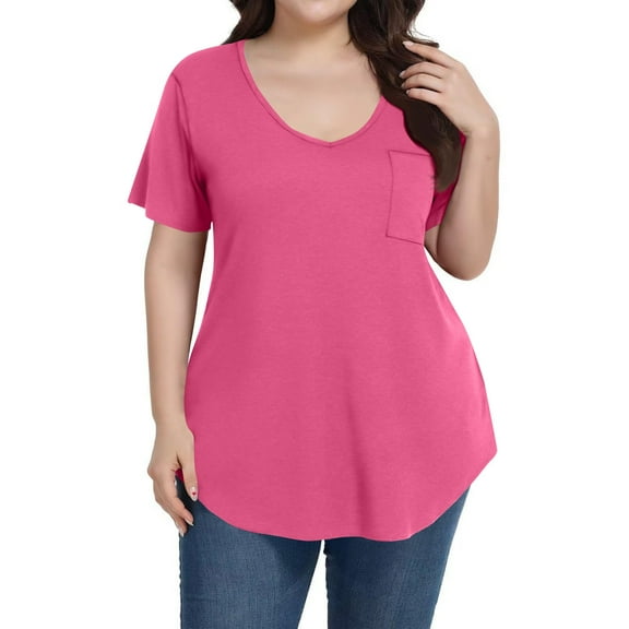 Mlqidk Womens Plus Size Tops Dressy Summer Short Sleeve Tunic Tops Solid Color Tees Crew Neck Shirts Large Casual Tunic Tops Hot Pink 2XL