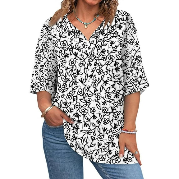 Mlqidk Womens Plus Size Tops Loose Fit Summer Sexy Shirts 3/4 Sleeve V Neck Floral Graphic T-Shirt 4x-5x Casual Trendy Tunics Light Gray L