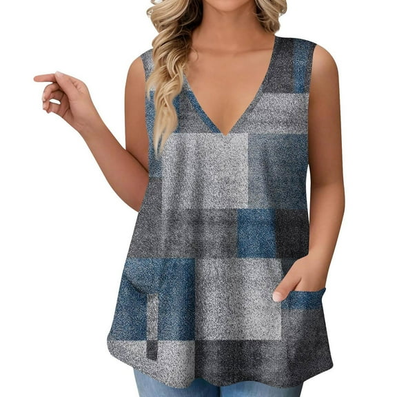 Mlqidk Womens Plus Size Tops Sexy Summer Deep V Neck Tank Shirts Floral Graphic Tees Sleeveless Blouses Loose Fit Casual Tunics Blouses Royal Blue XL