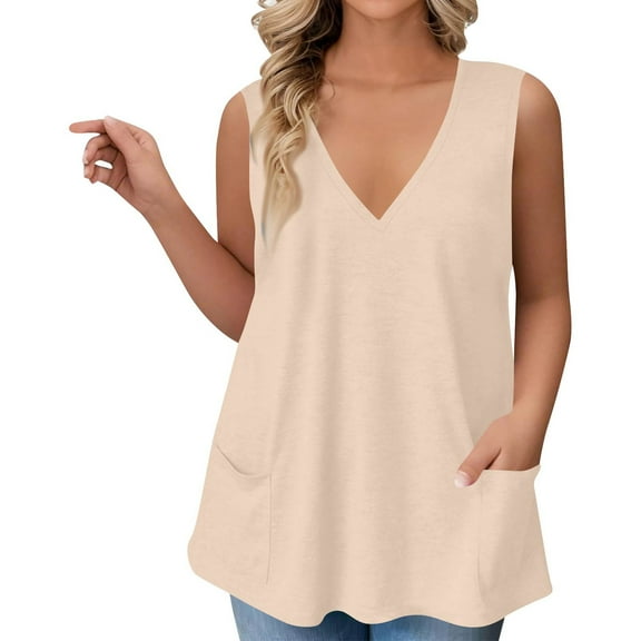Mlqidk Womens Plus Size Tops Sexy Summer Sleeveless Tunics Tank Shirts Graphic Tees Deep V Neck Shirts Loose Fit Casual Blouses Khaki L