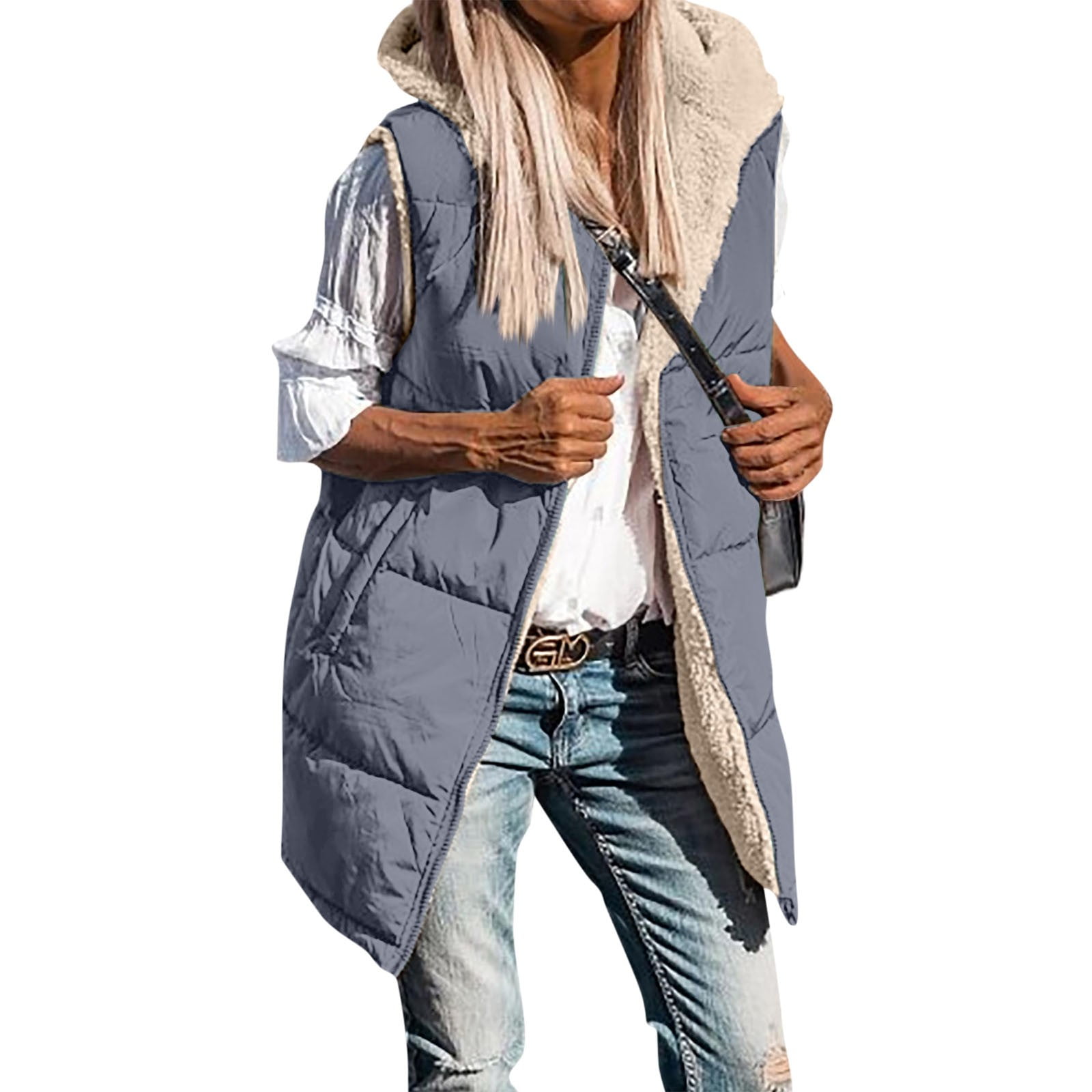 Womens Long Puffer Vest Full-zip Hooded Sleeveless Down Jacket Coats With  Pockets