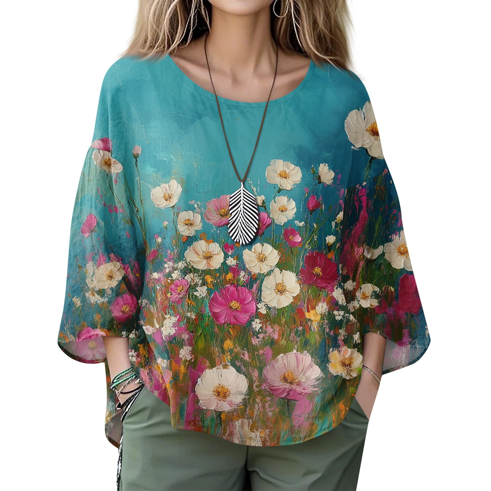 Crushed 3/4 Sleeve Flower Shirt main image 0