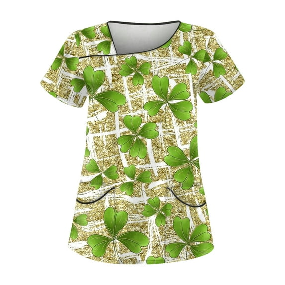 Mlqidk Womens St Patricks Day Scrub Tops V Neck Shamrock Pattern Tops Nursing Working Uniform Short Sleeve T-Shirts Gold XL