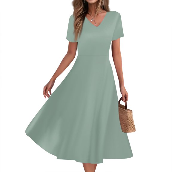 Mlqidk Womens Summer Dresses Casual V Neck A Line Short Sleeve Long Dresses Boho Loose Sundresses Curvy Beach Clothes Mint Green M