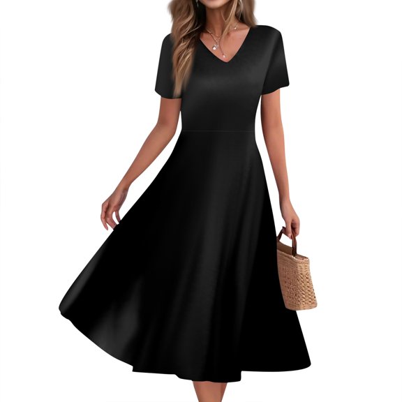 Mlqidk Womens Summer Dresses Casual V Neck A Line Short Sleeve Shirt Dress Flowy Loose Sundresses Trendy Beach Outfits Black XL