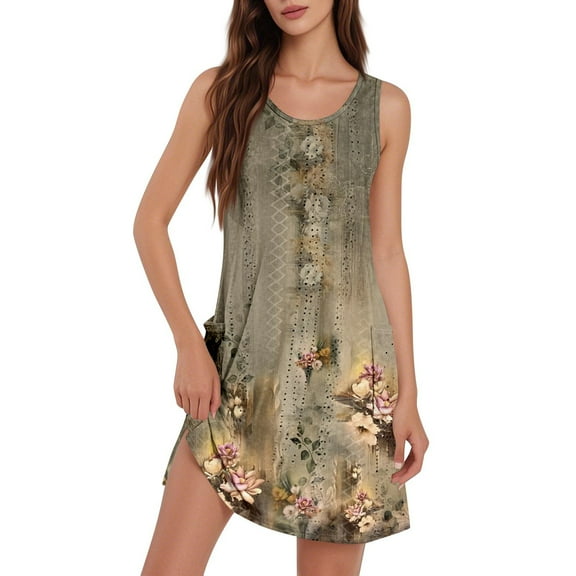 Mlqidk Womens Summer Dresses Flowy Floral Scroop Neck Tank Dress Eyelet Casual Loose Sleeveless Sundresses Trendy Beach Clothes with Pockets Brown 2XL