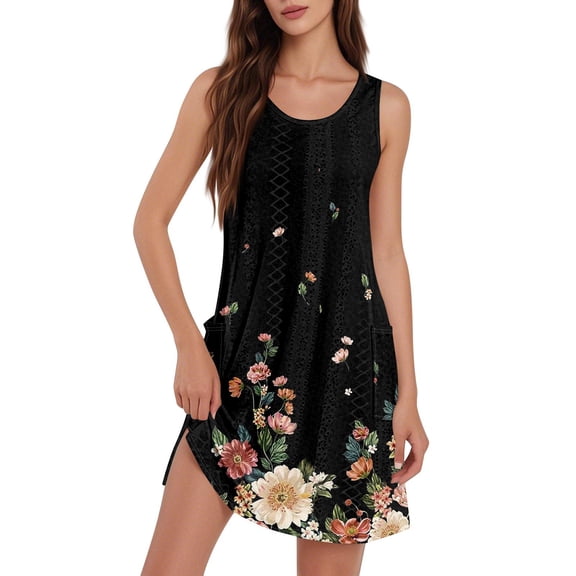 Mlqidk Womens Summer Dresses Scroop Neck Eyelet Casual Loose Short Dresses Sleeveless Flowy Floral Sundresses Swimsuit Beach Swimsuit Clothes with Pockets Black 2XL