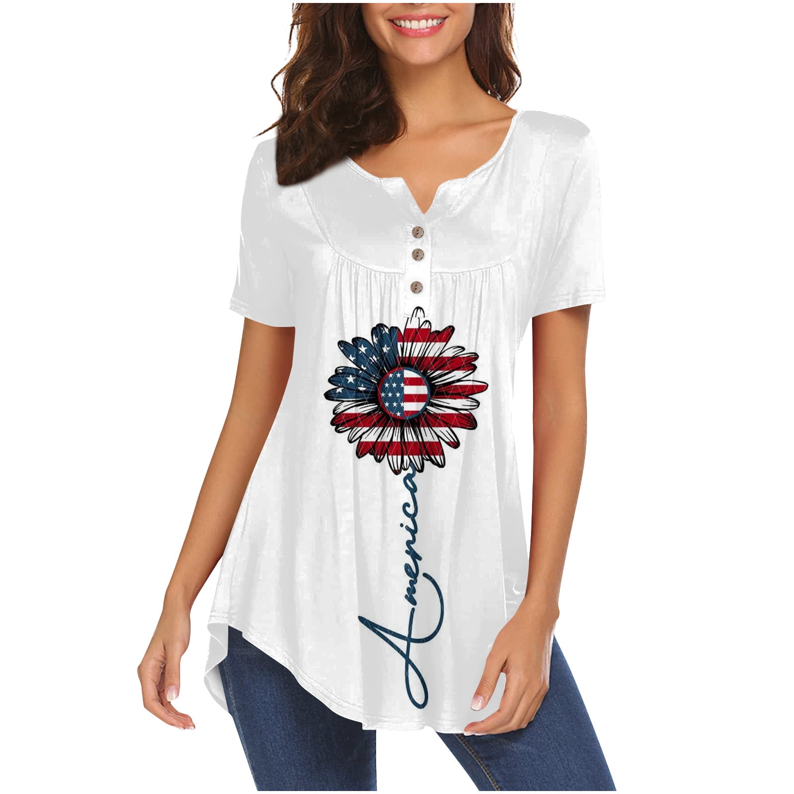 Mlqidk Womens Tunic Tops American Flag Print Shirts Casual Short