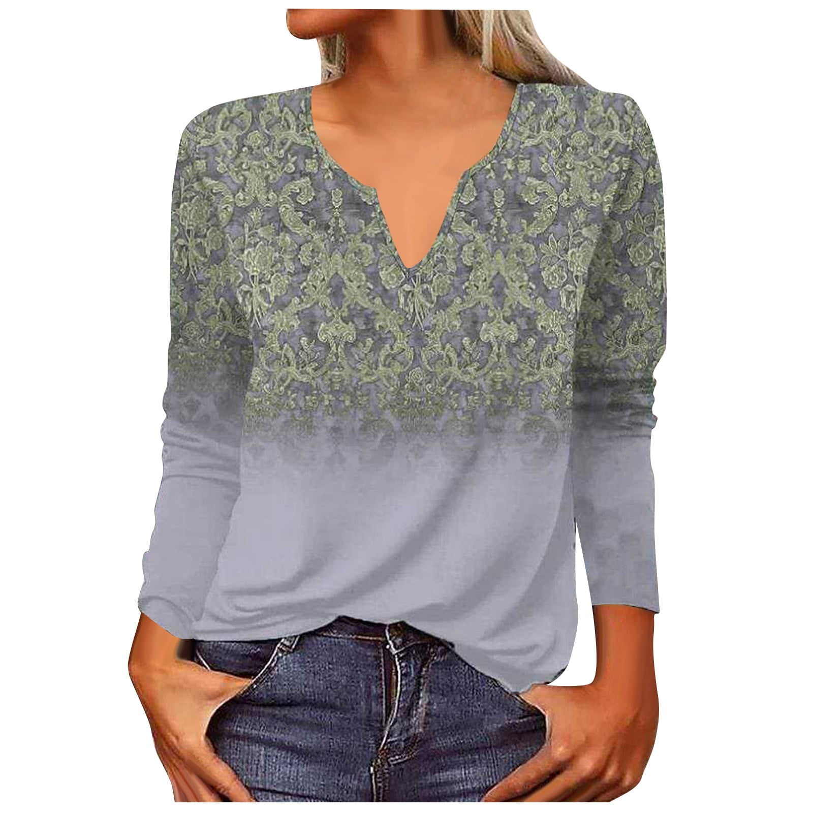 Mlqidk Women's Plus Size Tops Boho Western Vintage Ethnic Floral Printed  Henley Blouse V Neck Button Front Long Sleeve Casual Shirt,Wine XXL 