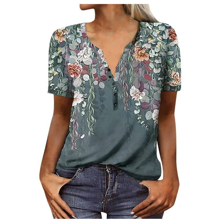 Mlqidk Womens Tops Vintage Ethnic Western Floral Print Short Sleeve Shirt  Casual Plus Size Bohemian Half Button Henley Top,Navy M 