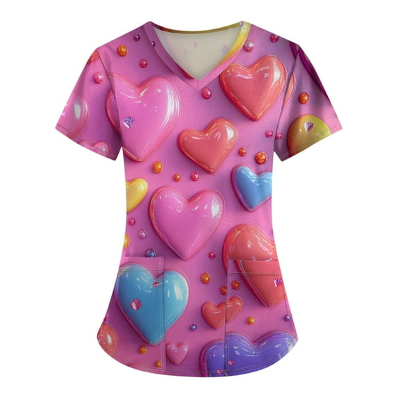 Mlqidk Womens Valentines Day Scrub Tops Plus Size Love Heart Patterned Scrub Tops Short Sleeve Vneck Nursing Uniform Cute Tshirts Scrub Tops Purple M