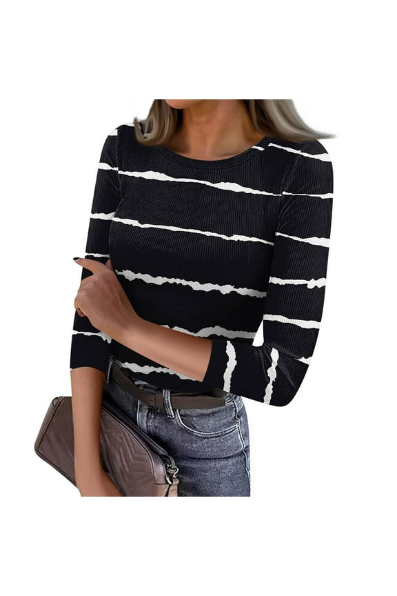 Workout Tops for Women Casual 3/4 Length Sleeve Slim Top Fashion Boat Neck Knit T-Shirt Striped Print Ribbed Pullover Blouses Black L