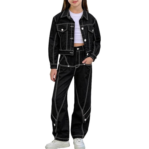 Mlzmgr 2 Piece Sets for Girls Denim Teen Outfits Long Sleeve Lapel Button down Jackets Wide Leg Pants with Pockets Trendy Jean Sets(5-6Years)