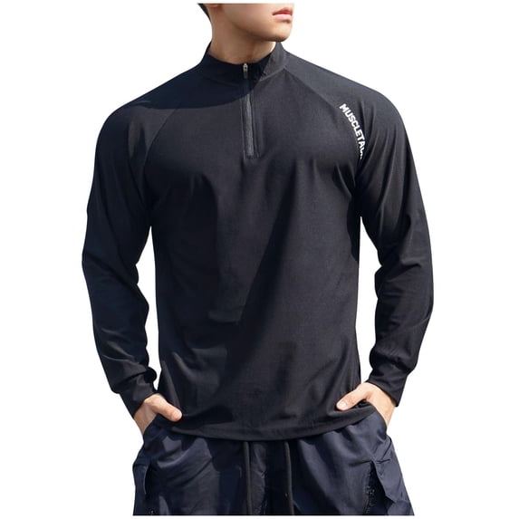 Mlzmgr Athletic Shirts Men 1/4 Zipper Stand Collar Long Sleeve Breathable Fitness Shirts Workout Gym Running Mens Tops
