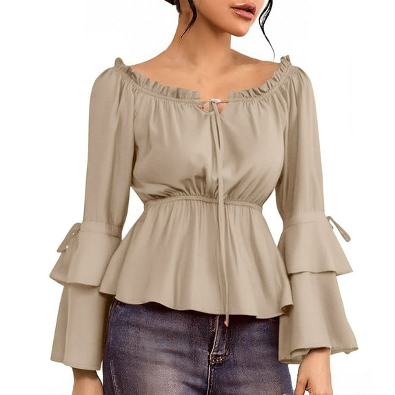 Mlzmgr Blouses for Women Dressy Casual Long Sleeve Tunic Flowy off Shoulder Womens Blouses Solid Color Fall Fashion