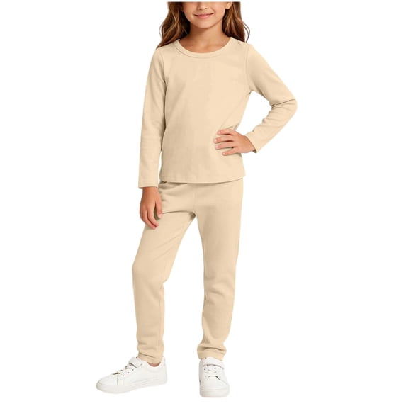 Mlzmgr Boys and Girls Outfits Long Sleeve Crew Neck Tops and Pants Solid Color Comfy Casual Homewear 2 Piece Sets for Kids(3-4 Years,Beige)