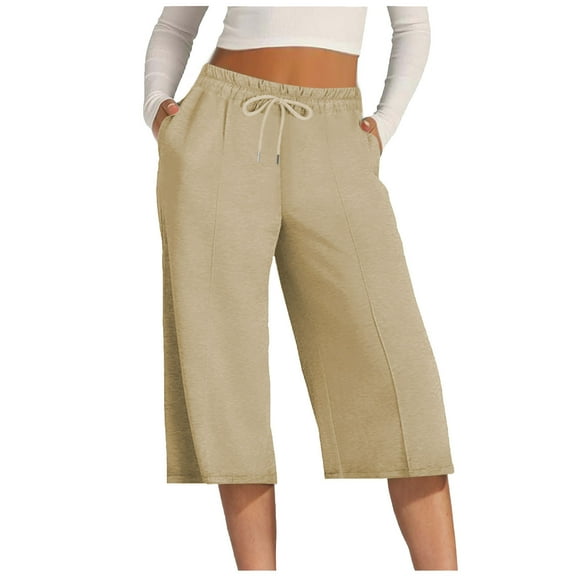Mlzmgr Capri Pants Women Wide Leg Drawstring Elastic High Waisted Capris Solid Color Summer Casual Capri Pants