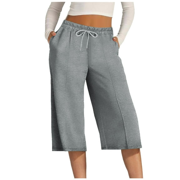 Mlzmgr Capri Pants Women Wide Leg Drawstring Elastic High Waisted Capris Solid Color Summer Casual Capri Pants