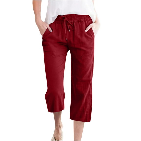Mlzmgr Capri Pants for Women Drawstring Elastic High Waist Linen Pants Casual Wide Leg Capris with Pockts