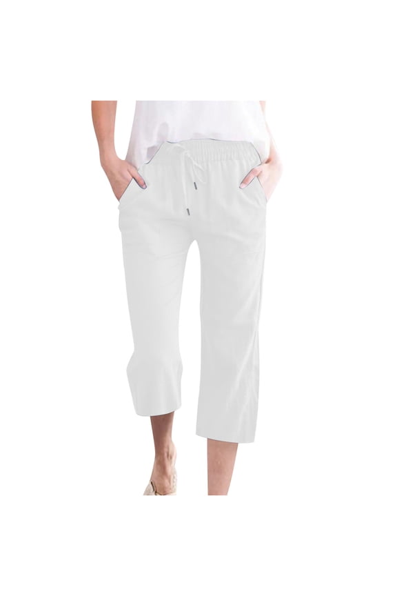 Capri Pants for Women Drawstring Elastic High Waist Linen Pants Casual Wide Leg Capris with Pockts