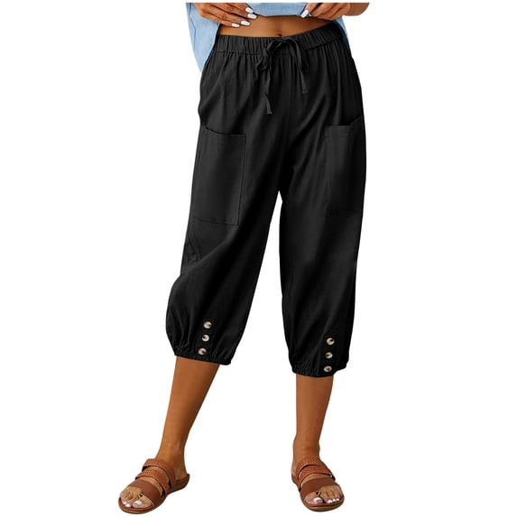 Mlzmgr Capri Pants for Women Drawstring Elastic Waist Loose Fit Button Hem Casual Lightweight Summer Capris with Pockets