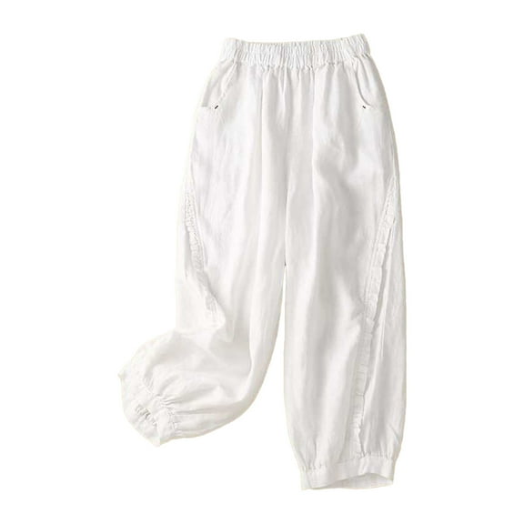 Mlzmgr Capri Pants for Women Elastic Waist Cotton Linen Joggers with Pockets Lightweight Summer Casual Pants
