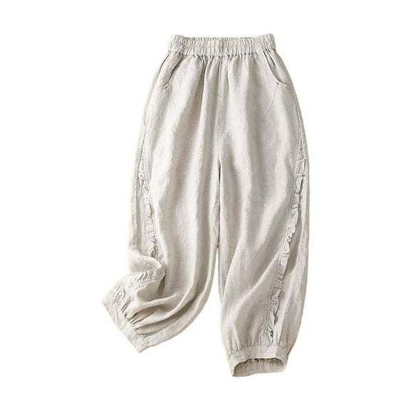 Mlzmgr Capri Pants for Women Elastic Waist Cotton Linen Joggers with Pockets Lightweight Summer Casual Pants