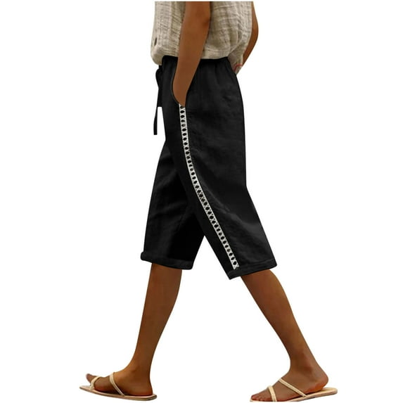 Mlzmgr Capri Pants for Women High Waist Drawstring Knee Length Shorts Solid Color Summer Trendy Casual