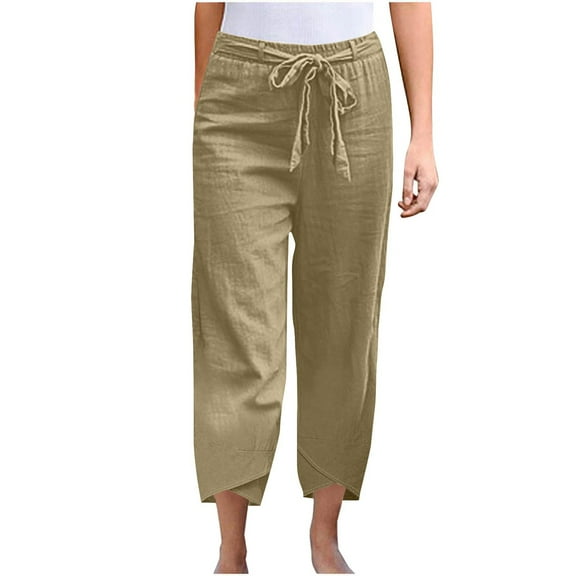 Mlzmgr Capri Pants for Women Linen Straight Leg Drawstring High Waist Solid Capris Lightweight Casual Pants