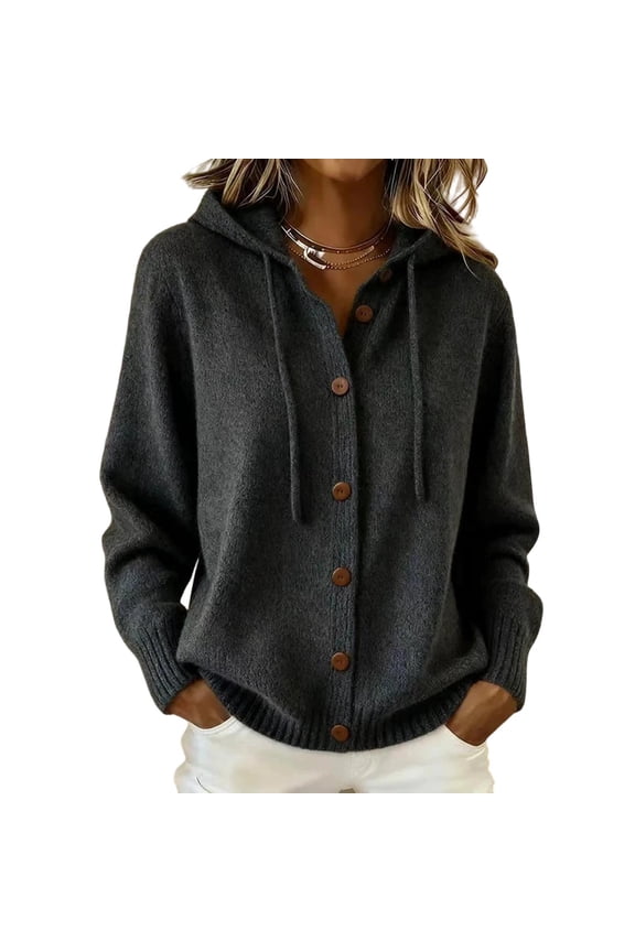 Cardigan Sweaters for Women Hooded Drawstring Button down Knit Cardigan Tops Loose Comfy Fall Winter Jackets(Small,Black)