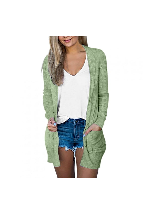 Cardigans for Women Eyelet Long Sleeve Open Front Casual Trendy Fall Lightweight Jackets with Pockets(XX-Large,Mint Green)