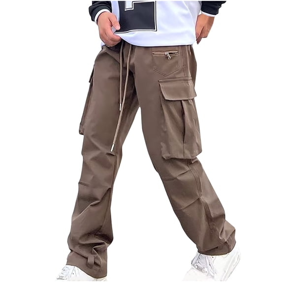 Mlzmgr Cargo Pants for Men Straight Leg Drawstring Outdoor Active Solid Color Loose Trousers with Pockets