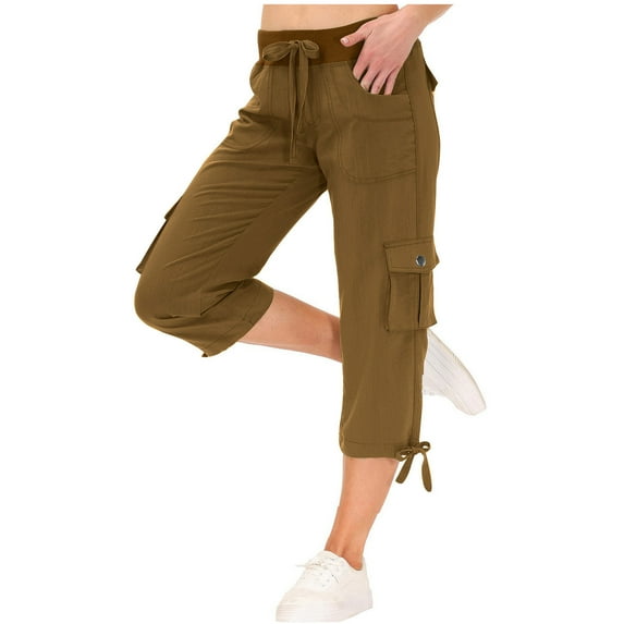 Mlzmgr Cargo Pants for Women Drawstring Elastic Waist Capris with Multi Pockets Outdoor Hiking Capri Pants