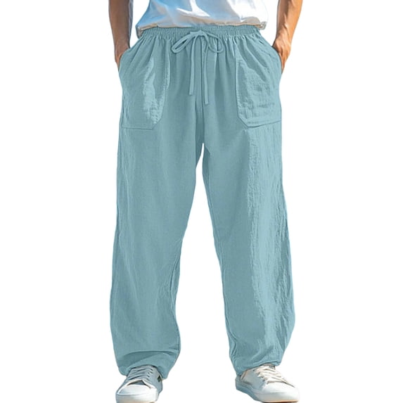 Mlzmgr Casual Pants for Men Loose Breathable Elastic Waist Drawstring Wide Leg Beach Pants with Pockets for Daily Wear(X-Large,Light Blue)