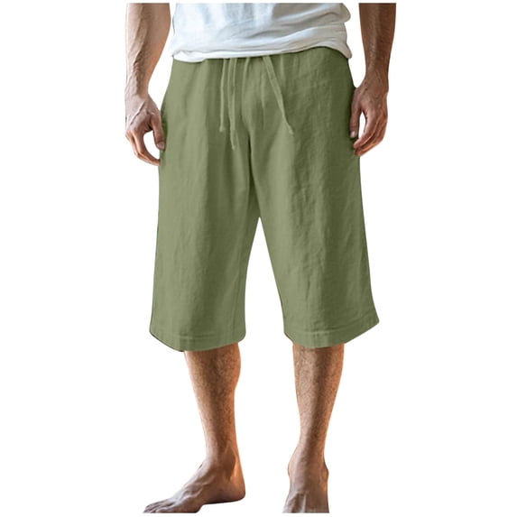 Mlzmgr Cotton Linen Capri Pants for Men Elastic Waisted Pants Lightweight Beach Casual Drawstring Capris