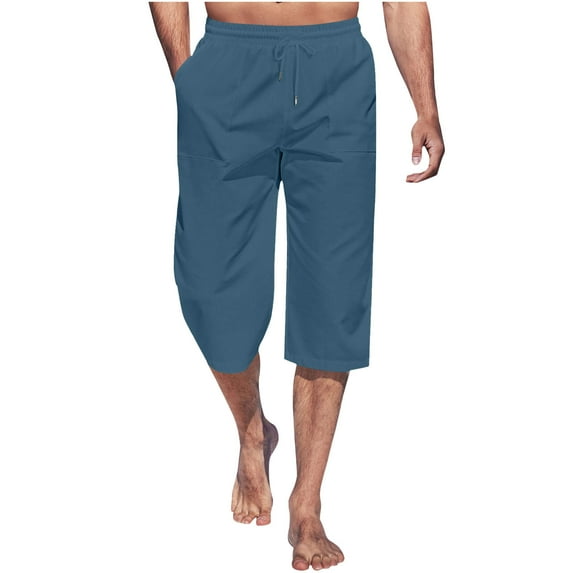 Mlzmgr Cotton Linen Capri Pants for Men Straight Leg Drawstring Elastic Waist Summer Casual Beach Pants