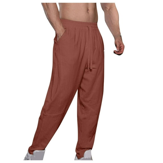 Mlzmgr Cotton Linen Men's Pants with Pockets Elastic Waist Lightweight Trousers Casual Beach Pants