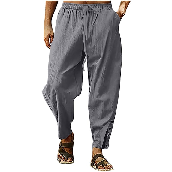 Mlzmgr Cotton Linen Pants for Men Baggy Elastic Waist Drawstring Trousers Button Loose Fitted Beach Pants