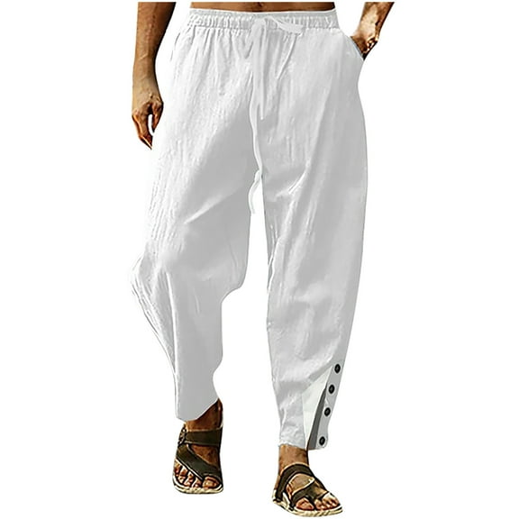 Mlzmgr Cotton Linen Pants for Men Baggy Elastic Waist Drawstring Trousers Button Loose Fitted Beach Pants