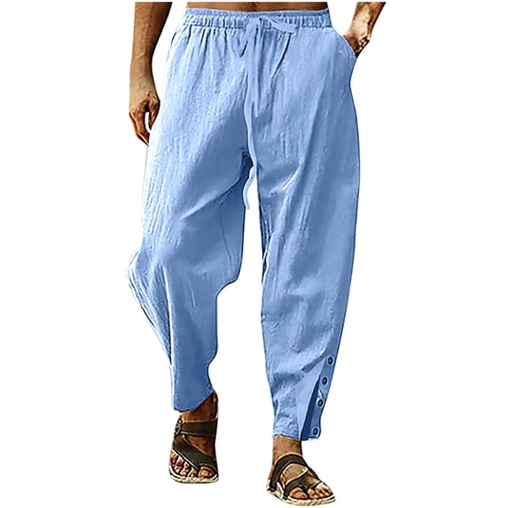 Mlzmgr Cotton Linen Pants for Men Baggy Elastic Waist Drawstring Trousers Button Loose Fitted Beach Pants