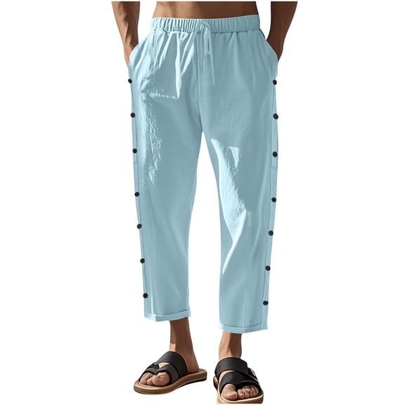 Mlzmgr Cotton Linen Pants for Men Drawstring Elastic Waist Cropped Pants Lightweight Casual Beach Trousers