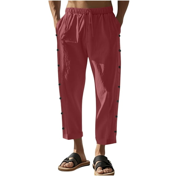 Mlzmgr Cotton Linen Pants for Men Drawstring Elastic Waist Cropped Pants Lightweight Casual Beach Trousers